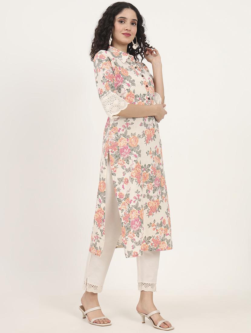women floral three quarter sleeve straight kurta - 21881676 - Standard Image - 2
