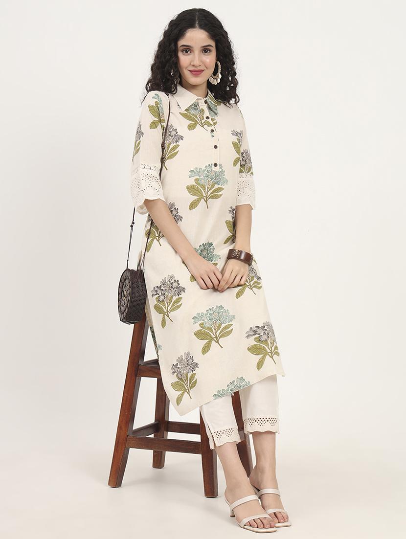 women floral three quarter sleeve straight kurta - 21881678 - Zoom Image - 0