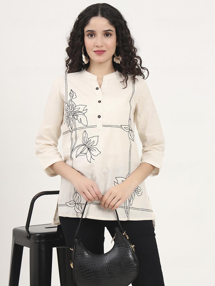 women embroidered mandarin neck high low kurti