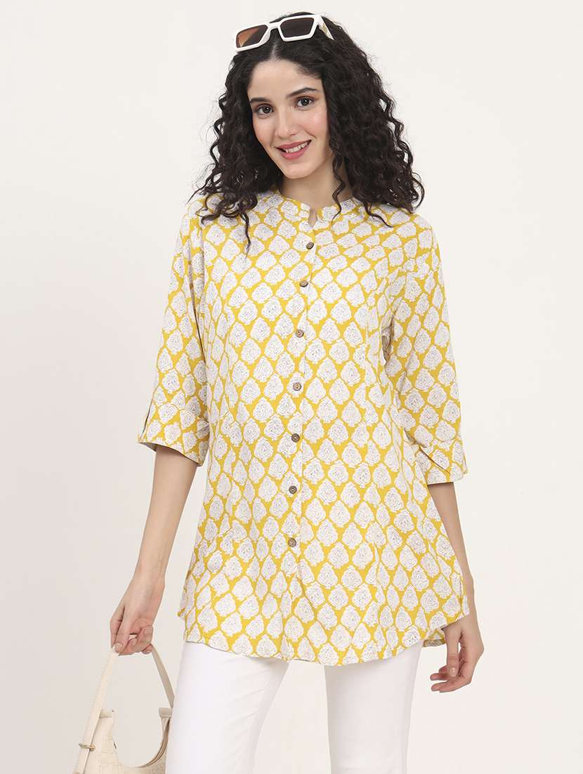 women printed roll-up sleeves kurti