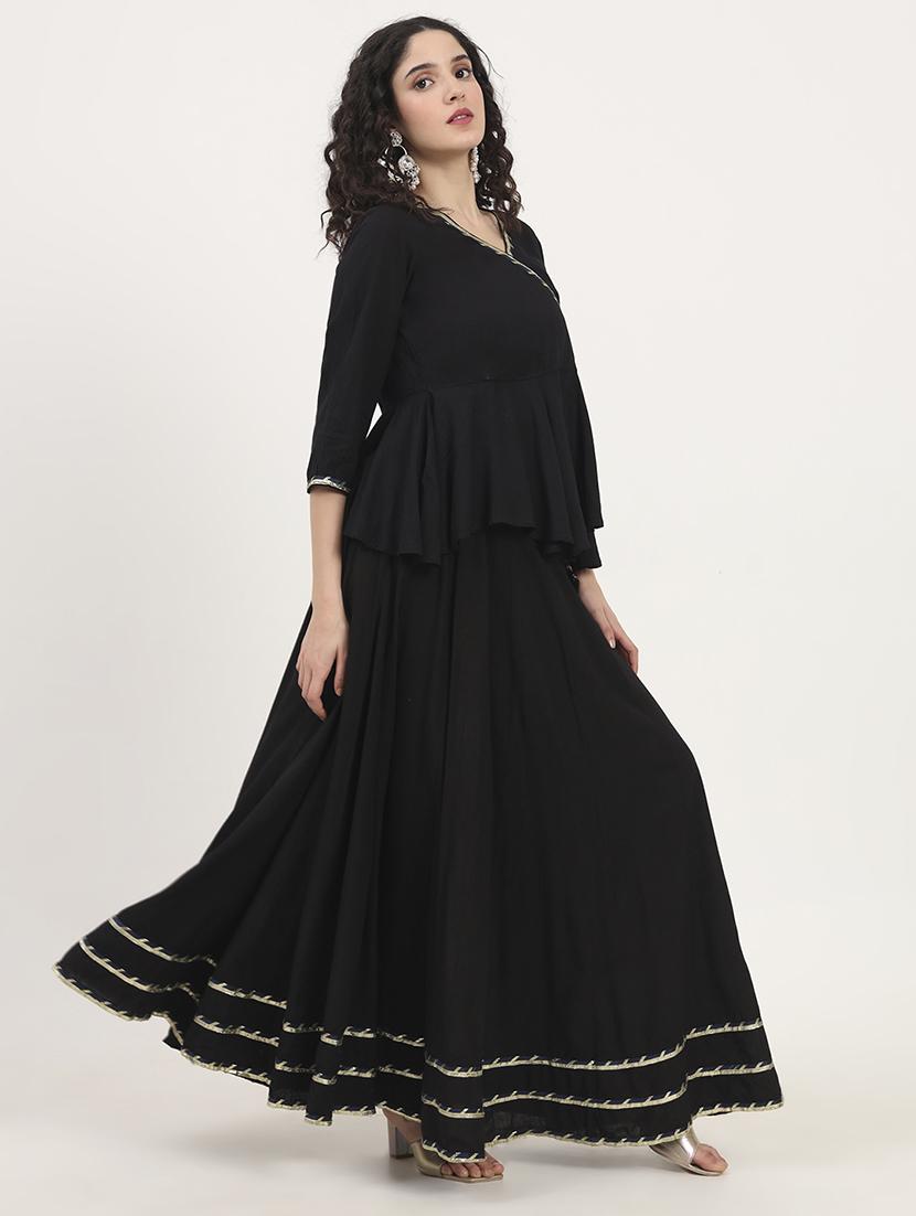 women black three quarter sleeve kurta skirt with dupatta set - 21881750 - Standard Image - 2