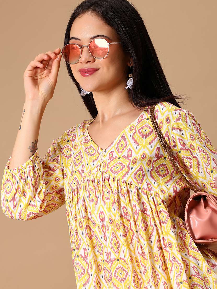 women yellow printed puff sleeve flared kurti - 21881856 - Zoom Image - 0