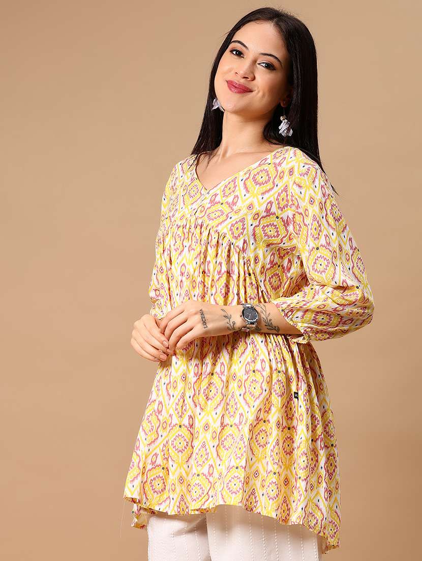 women yellow printed puff sleeve flared kurti - 21881856 - Standard Image - 2