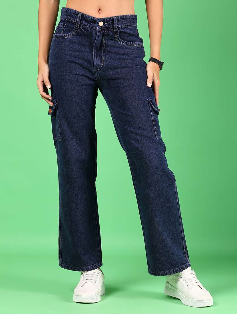 women navy blue solid mid rise cargo