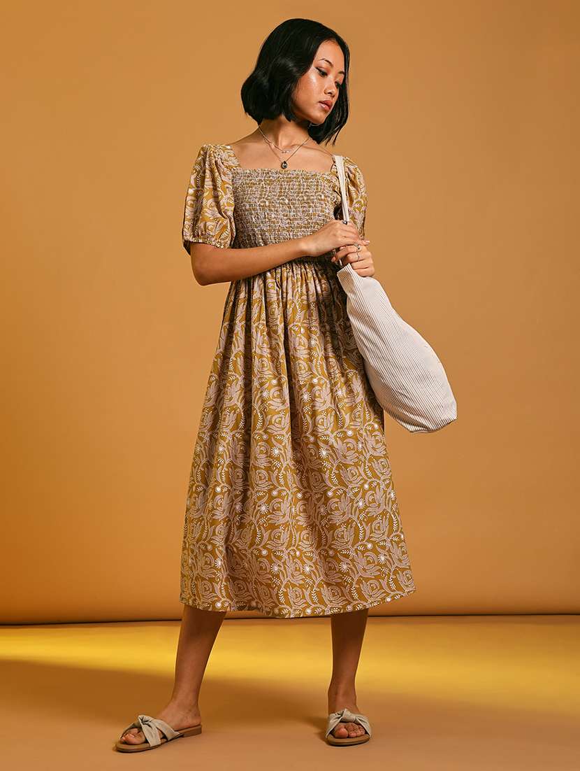 women printed puff sleeve fit & flare ethnic dress