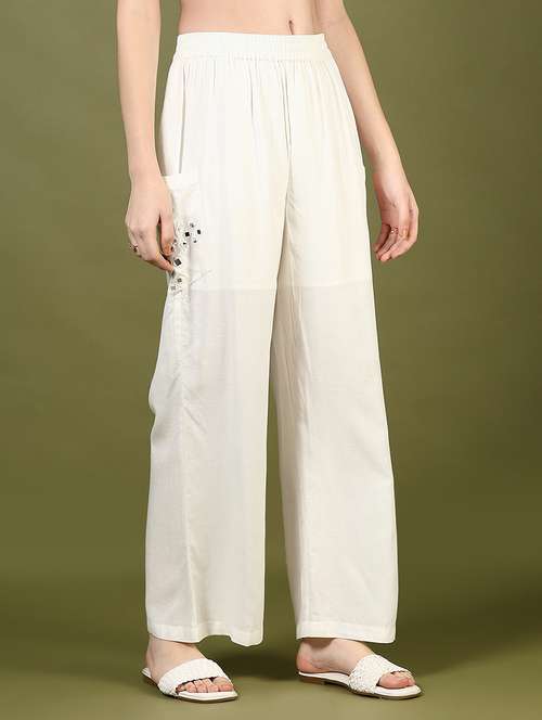 women off white mirror work mid rise palazzo - 21881902 -  Standard Image - 0
