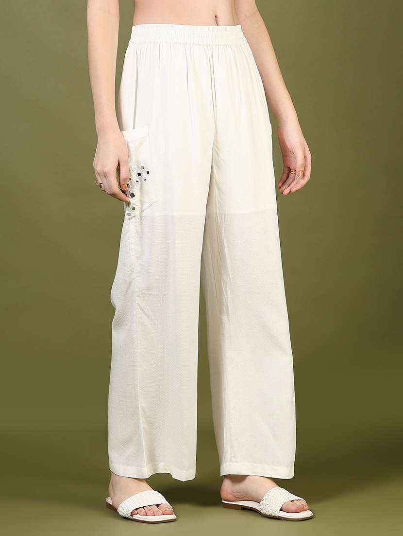women off white mirror work mid rise palazzo - 21881902 -  Zoom Image - 0