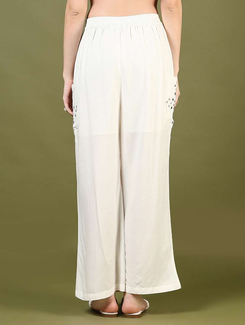 women off white mirror work mid rise palazzo - 21881902 - Standard Image - 2