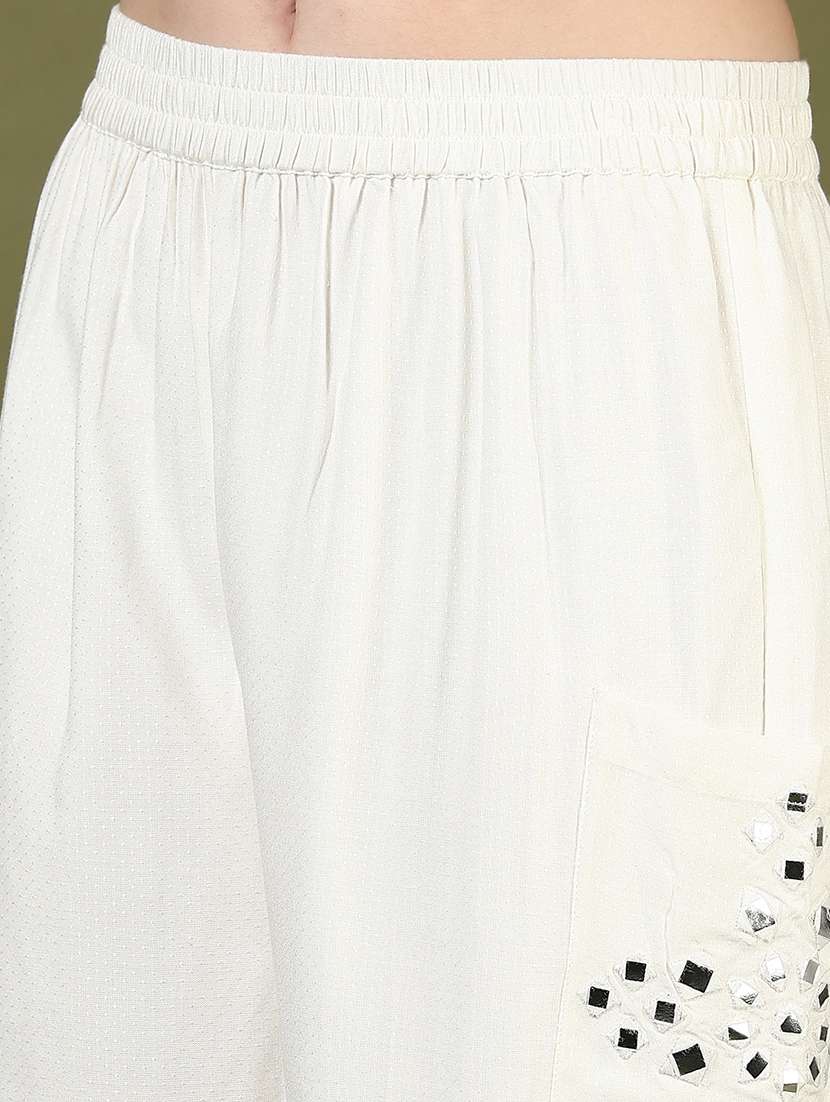 Women Off White Mirror Work Mid Rise Palazzo