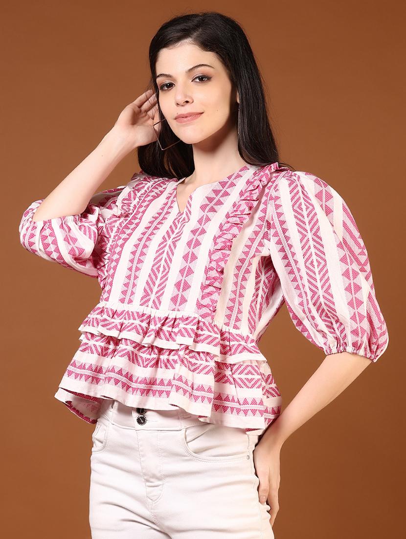 women printed puff sleeve peplum top - 21881908 - Standard Image - 2