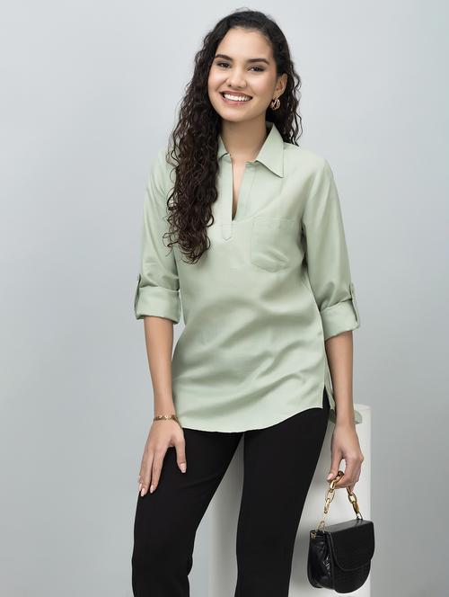 women solid collared roll up sleeves high low top - 21885919 - Standard Image - 0