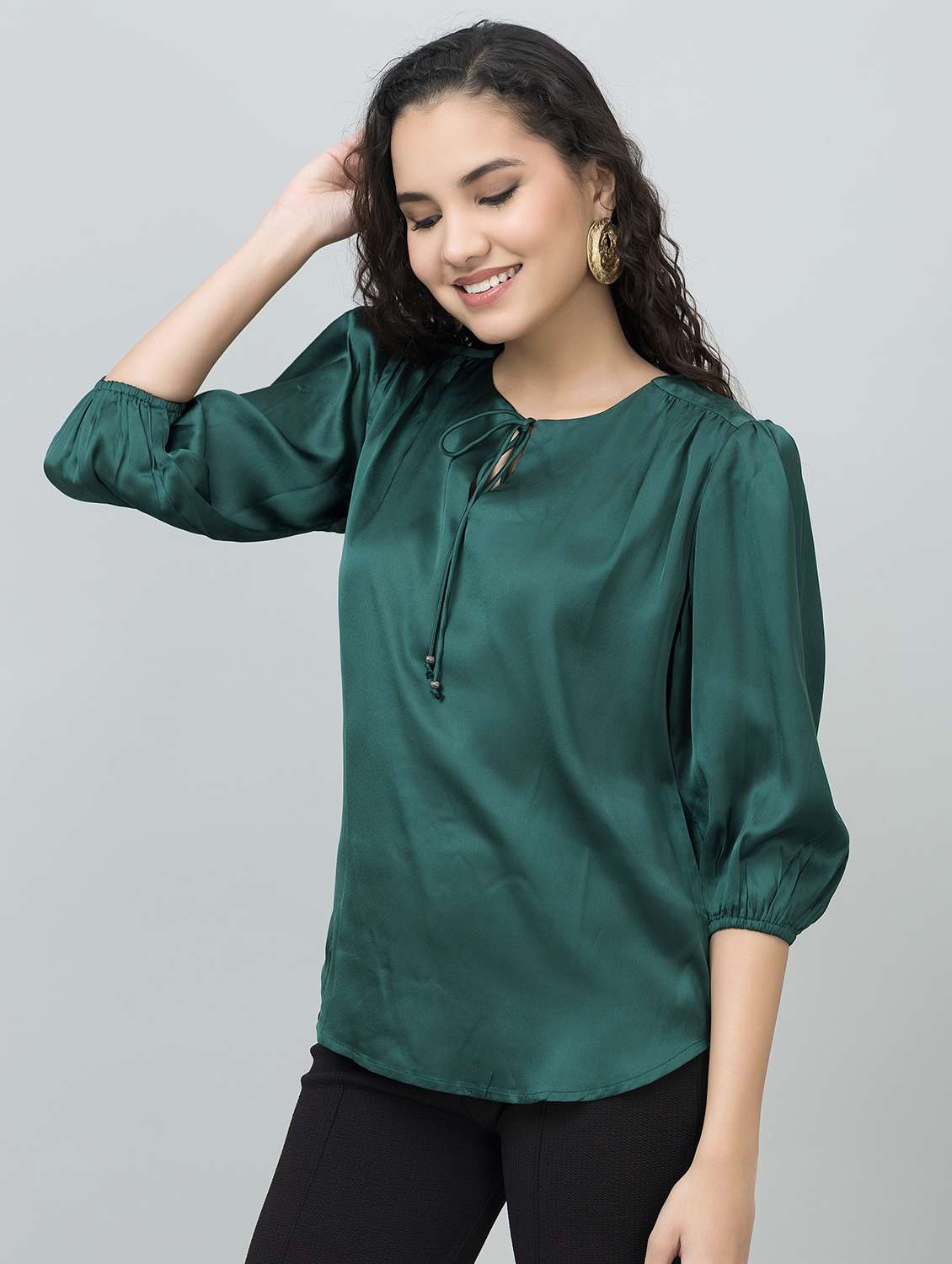 women solid puff sleeves regular top - 21885931 - Standard Image - 2