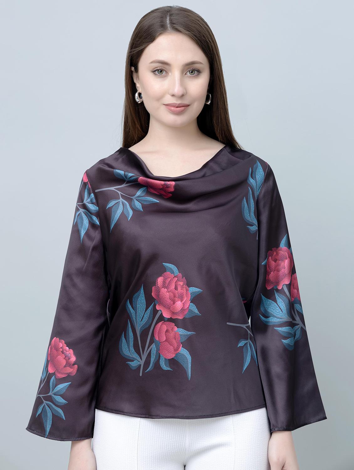 women floral print cowl neck bell sleeves top - 21885938 - Zoom Image - 0
