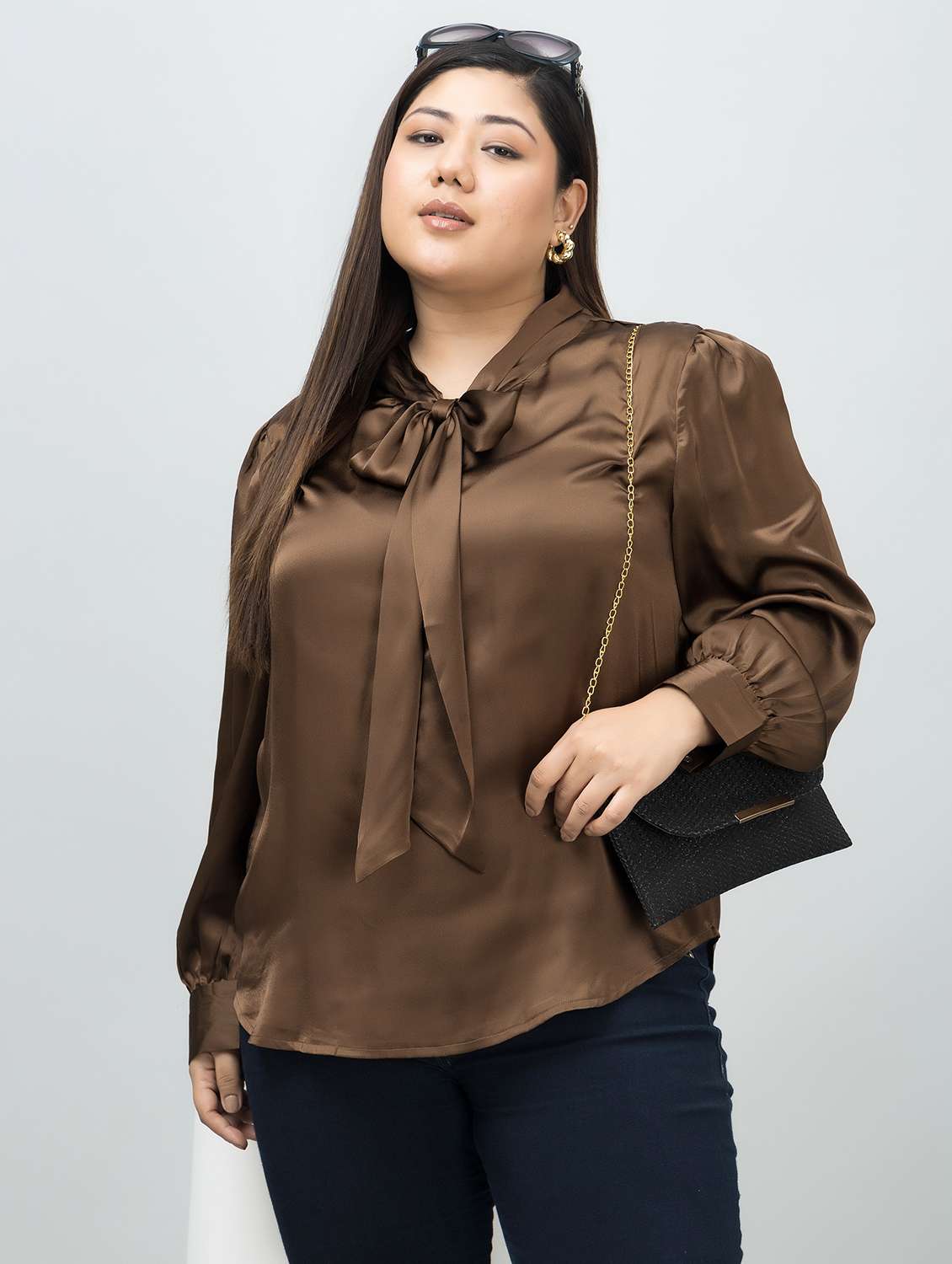women plus size tie-up neck long sleeves top