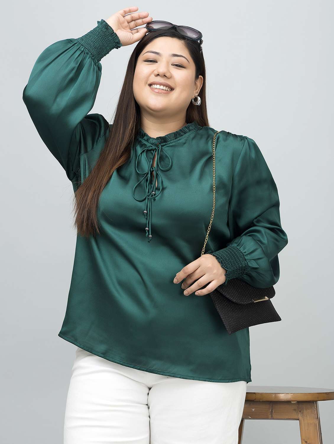 women plus size tie-up neck long sleeves top