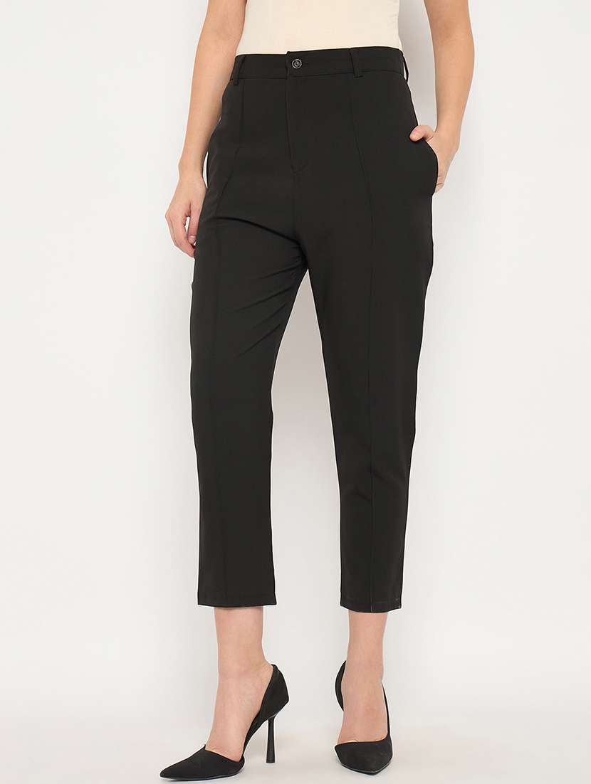 women solid high rise calf length cigarette pants 