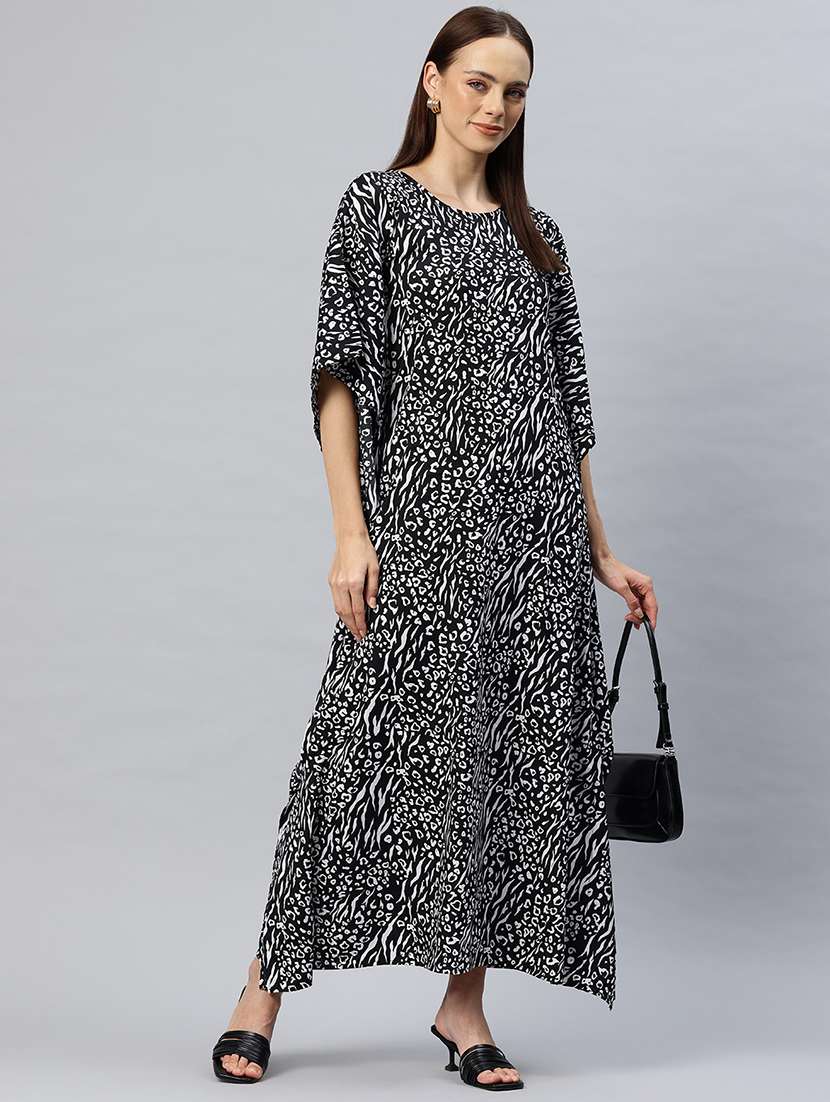 women printed round neck kaftan dress