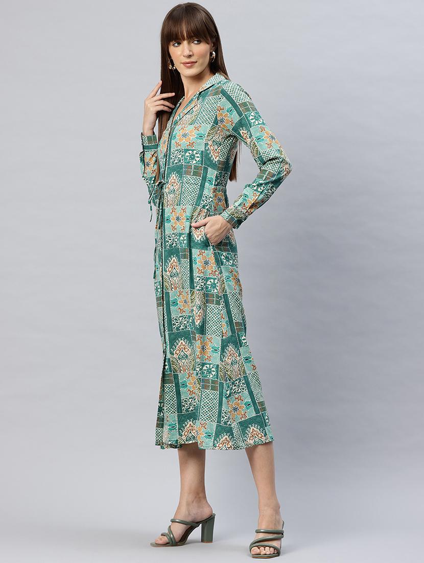 women printed lapel neck shirt dress - 21887815 - Standard Image - 2