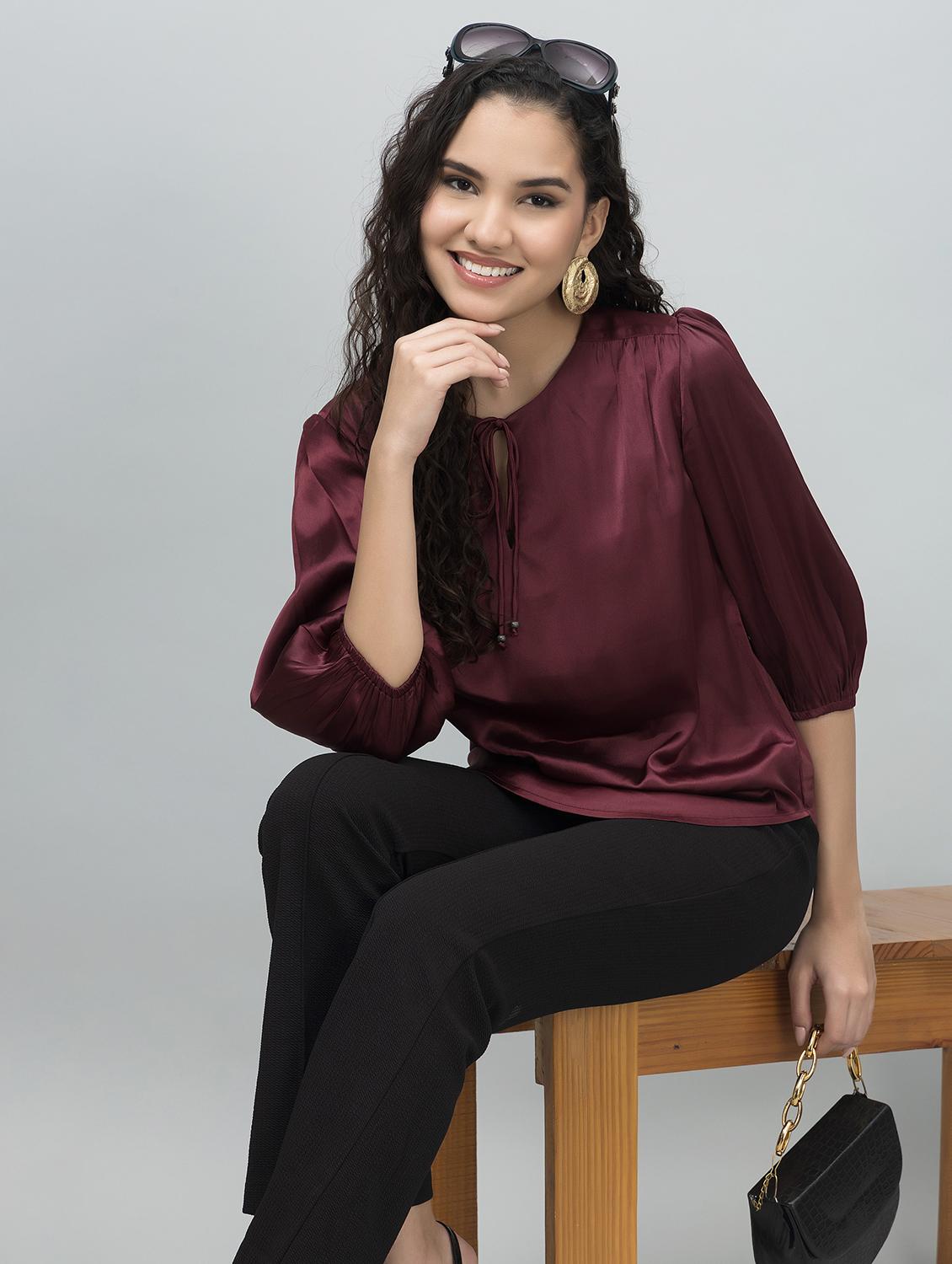 women solid tie-up neck puff sleeves top - 21888285 -  Zoom Image - 0