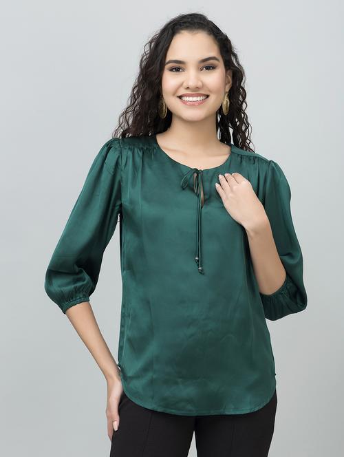 women solid tie-up neck puff sleeves top - 21888286 - Standard Image - 0