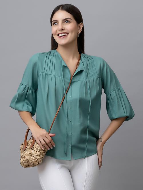 women solid tie-up neck long sleeves top - 21888300 - Standard Image - 0