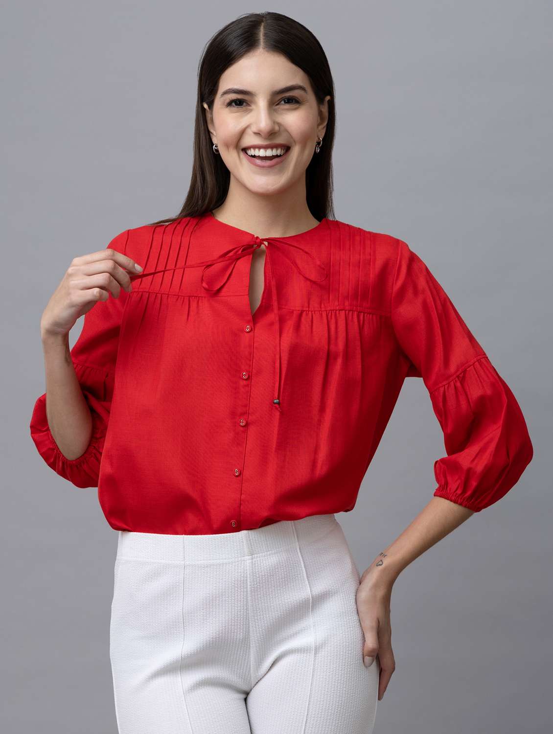 women solid tie-up neck puff sleeves top