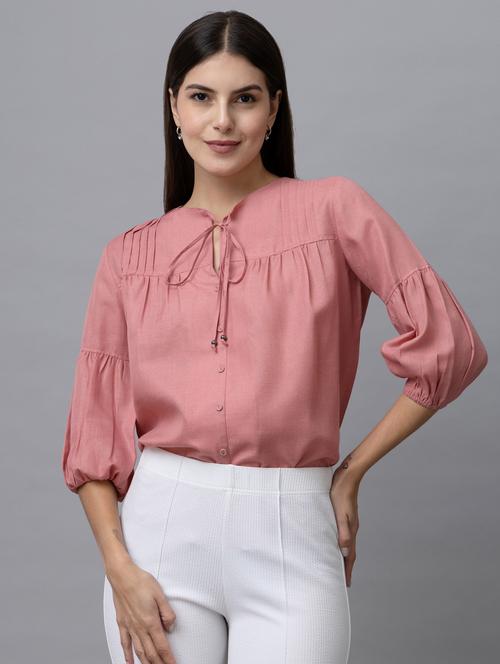 women solid tie-up neck long sleeves top - 21888302 - Standard Image - 0