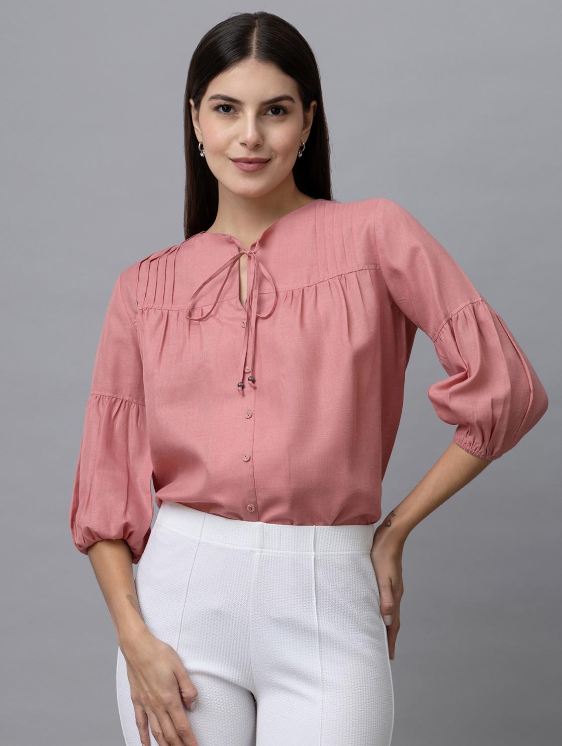 women solid tie-up neck long sleeves top - 21888302 - Zoom Image - 0
