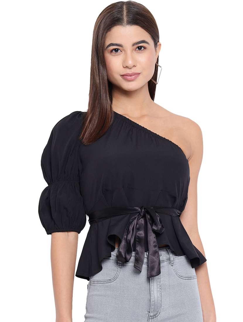 women solid single shoulder asymmetric top