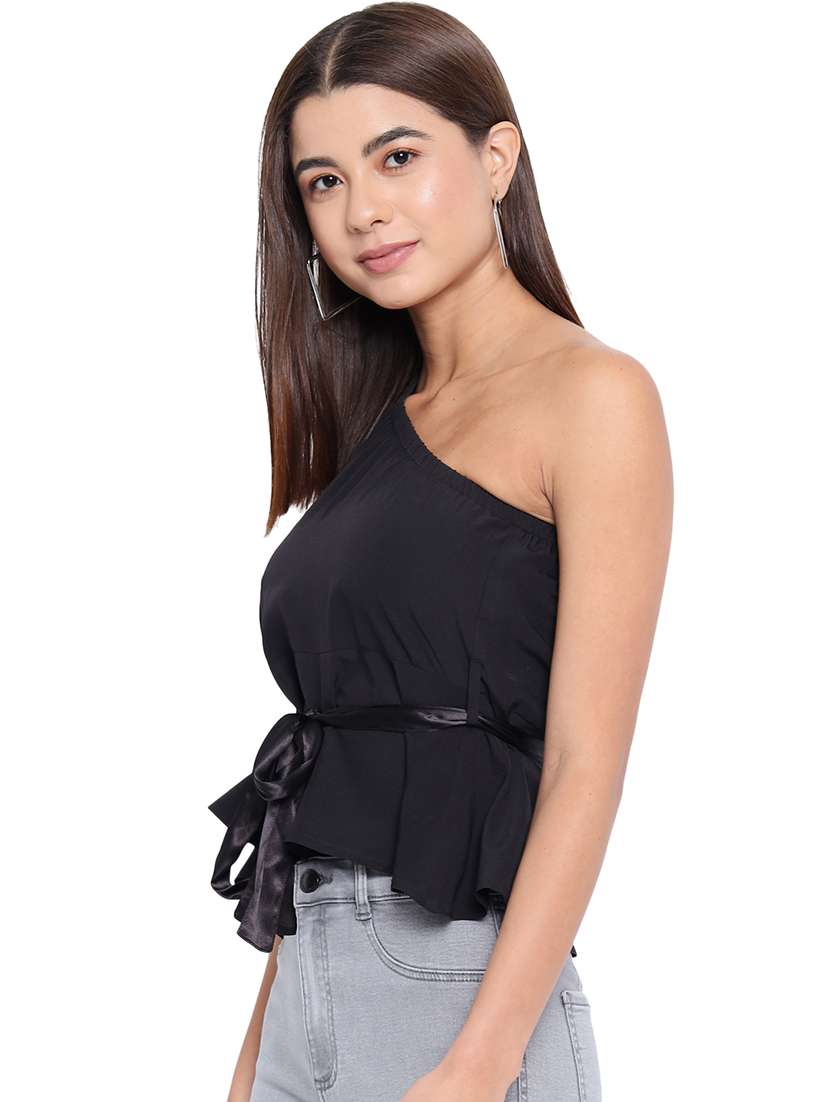 women solid single shoulder asymmetric top - 21898926 -  Standard Image - 2