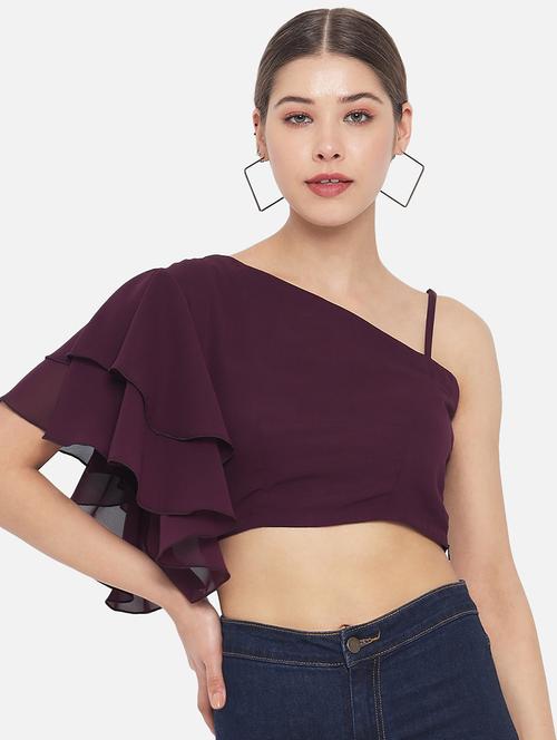 women solid single shoulder crop top - 21898930 -  Standard Image - 0