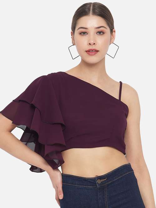 women solid single shoulder crop top