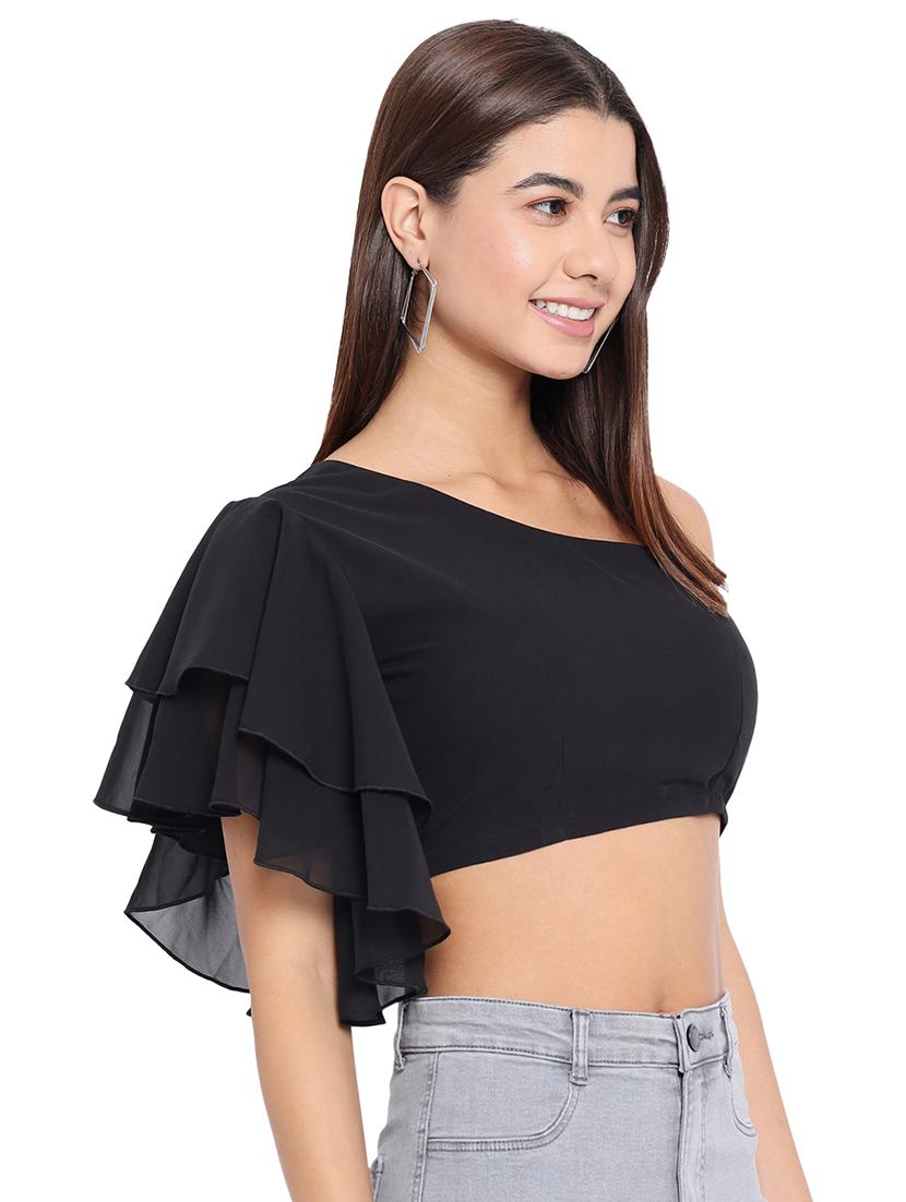 women solid single shoulder crop top - 21898931 - Standard Image - 2