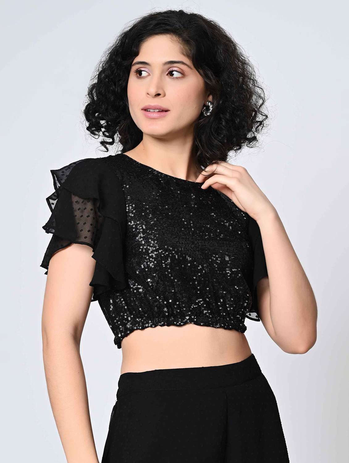 women sequined ruffle sleeves crop top - 21898939 - Standard Image - 2