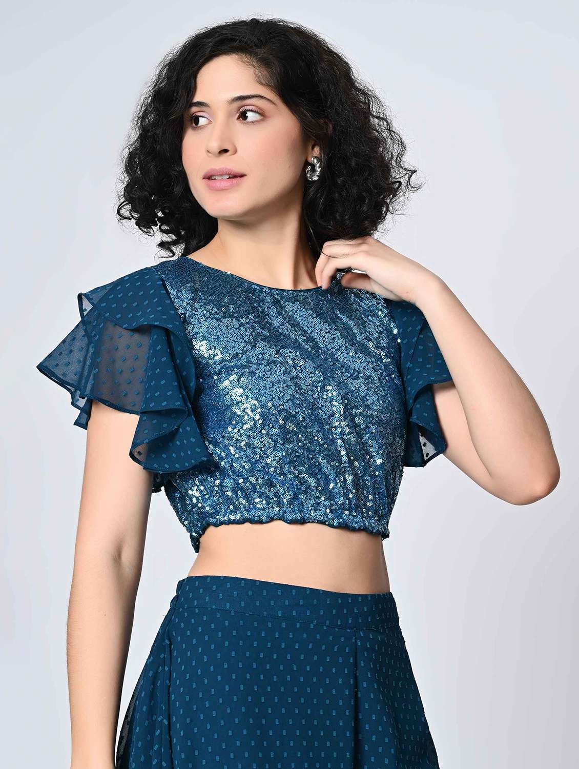 women embellished ruffled sleeves crop top - 21898940 -  Standard Image - 2