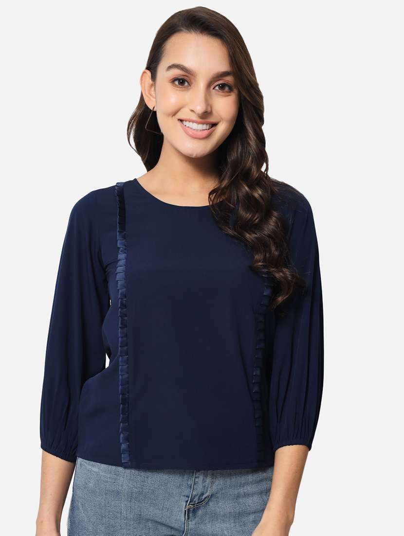 women solid puff sleeves regular top