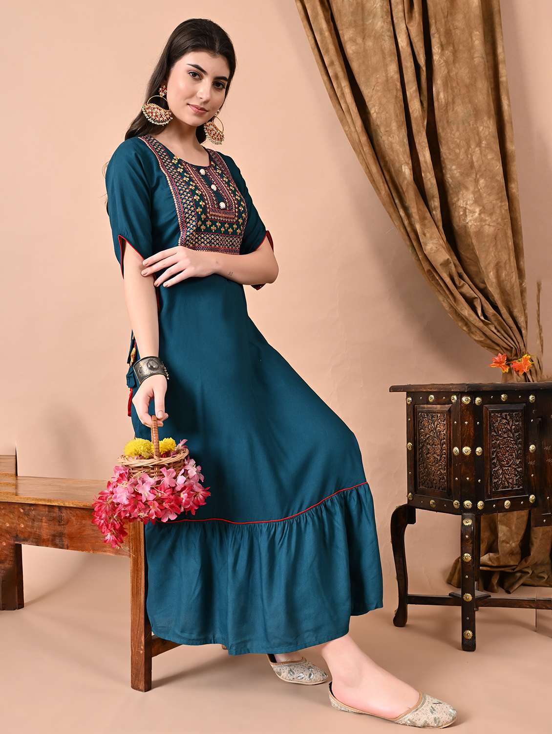 Women Embroidered Short Sleeve Tiered Ethnic Dress
