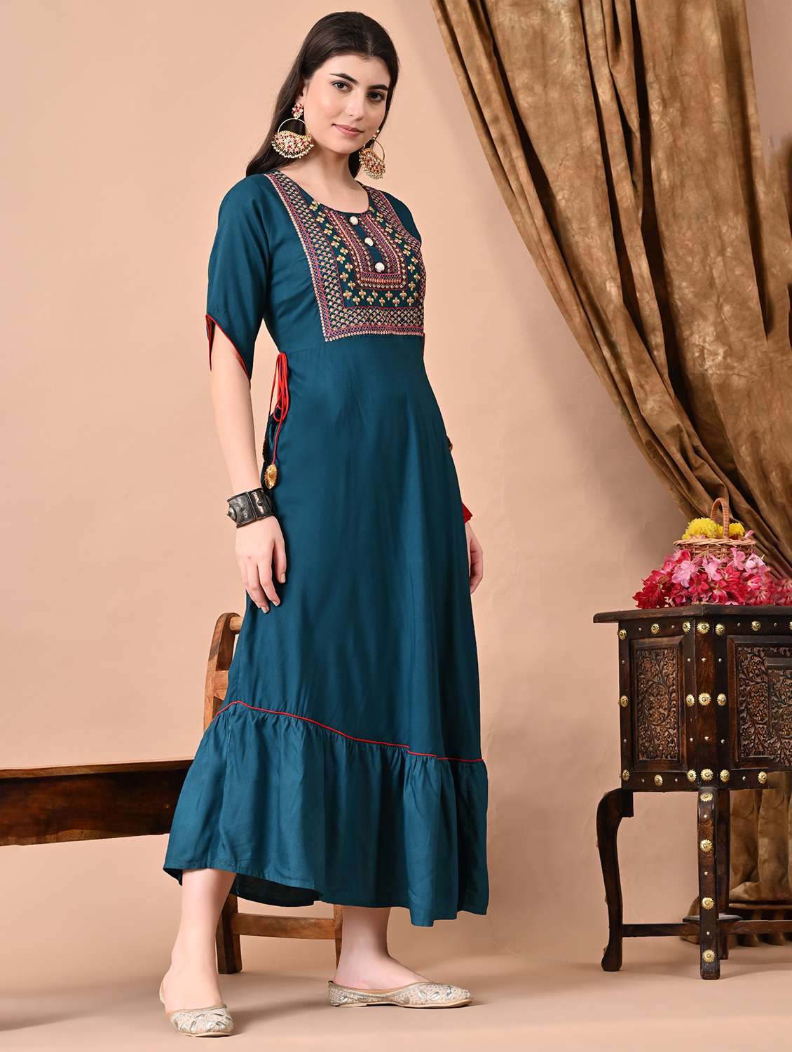 Women Embroidered Short Sleeve Tiered Ethnic Dress