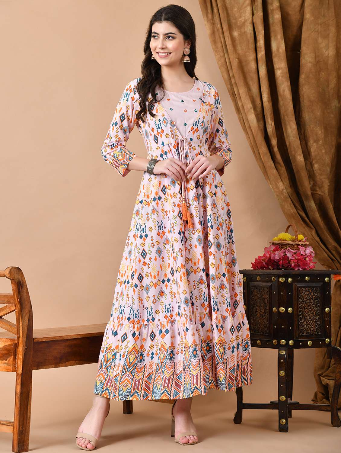 women printed three quarter sleeve ethnic dress
