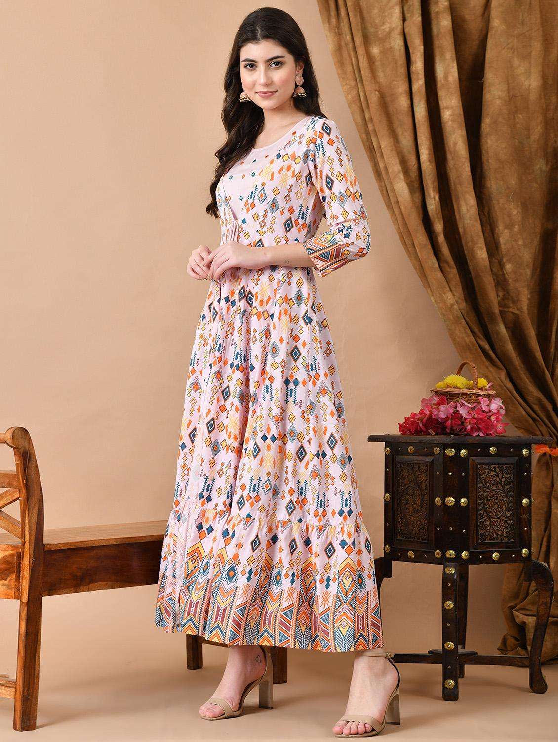 women printed three quarter sleeve ethnic dress - 21899000 -  Standard Image - 2