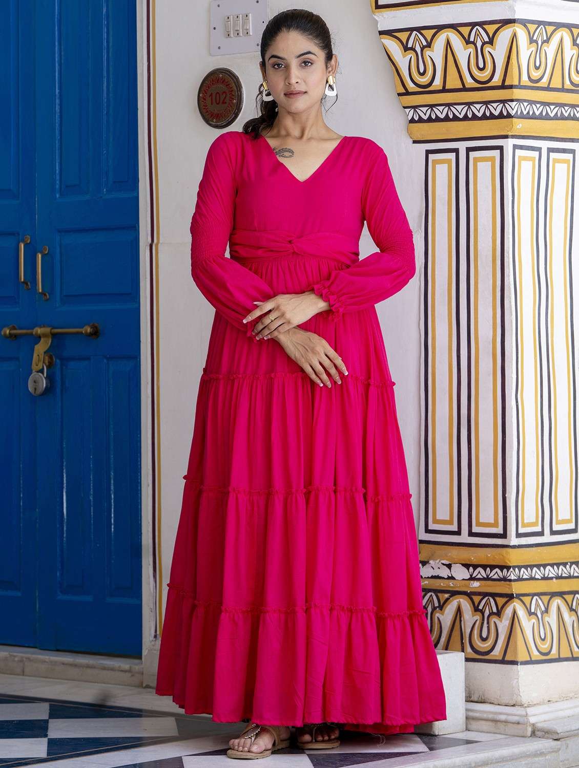 women pink solid long sleeve tiered maxi dress - 21899003 - Zoom Image - 0