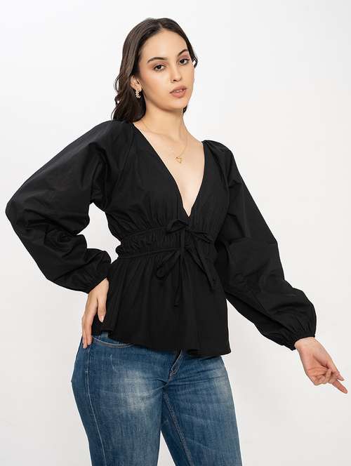 women solid puff sleeves peplum top - 21899011 - Standard Image - 0