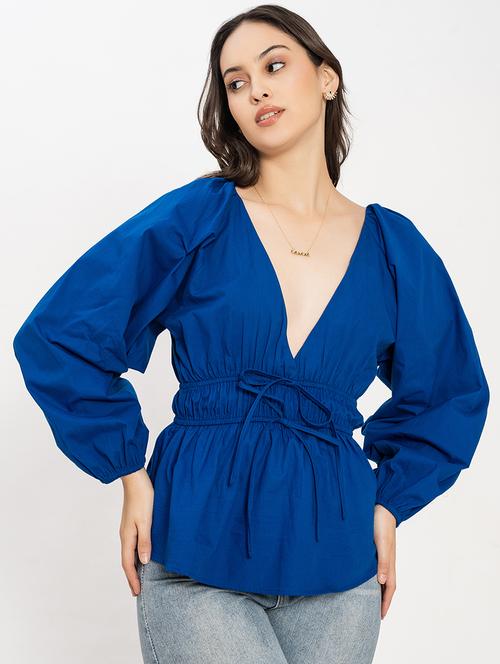 women solid puff sleeves peplum top - 21899012 - Standard Image - 0