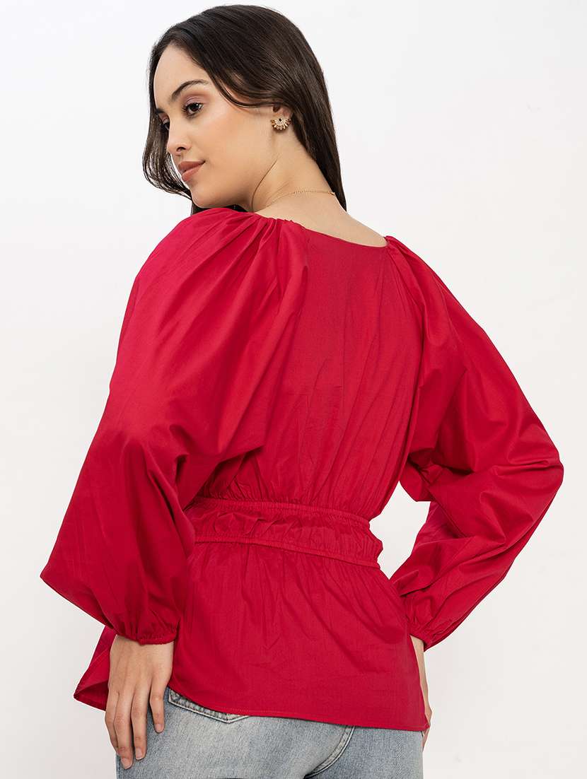 women solid puff sleeves peplum top - 21899013 - Standard Image - 2