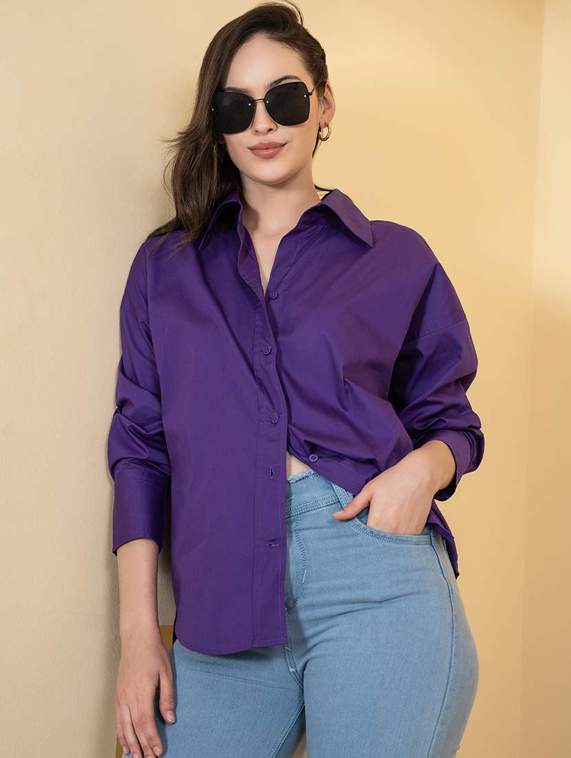 women solid collared oversized shirt
