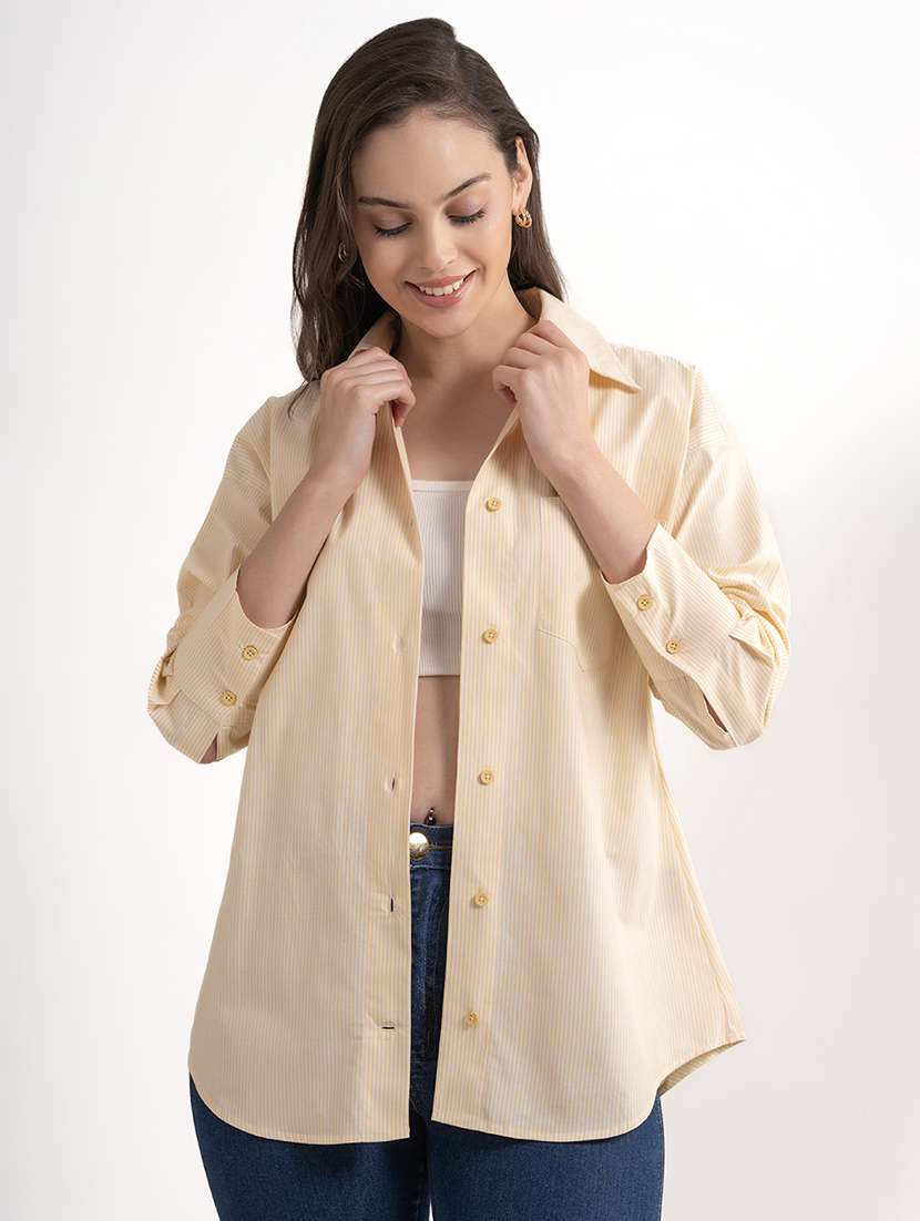 women striped collared oversized shirt