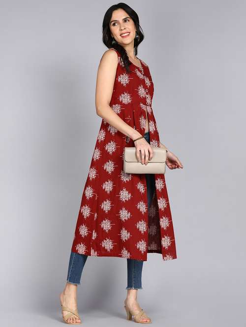 women maroon printed sleeveless front slit kurta - 21899045 - Standard Image - 0