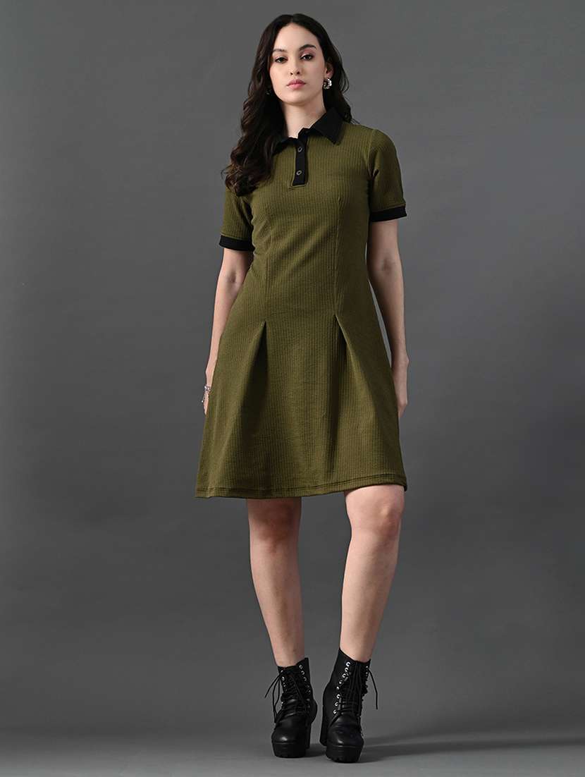 women solid short sleeves collared a-line dress
