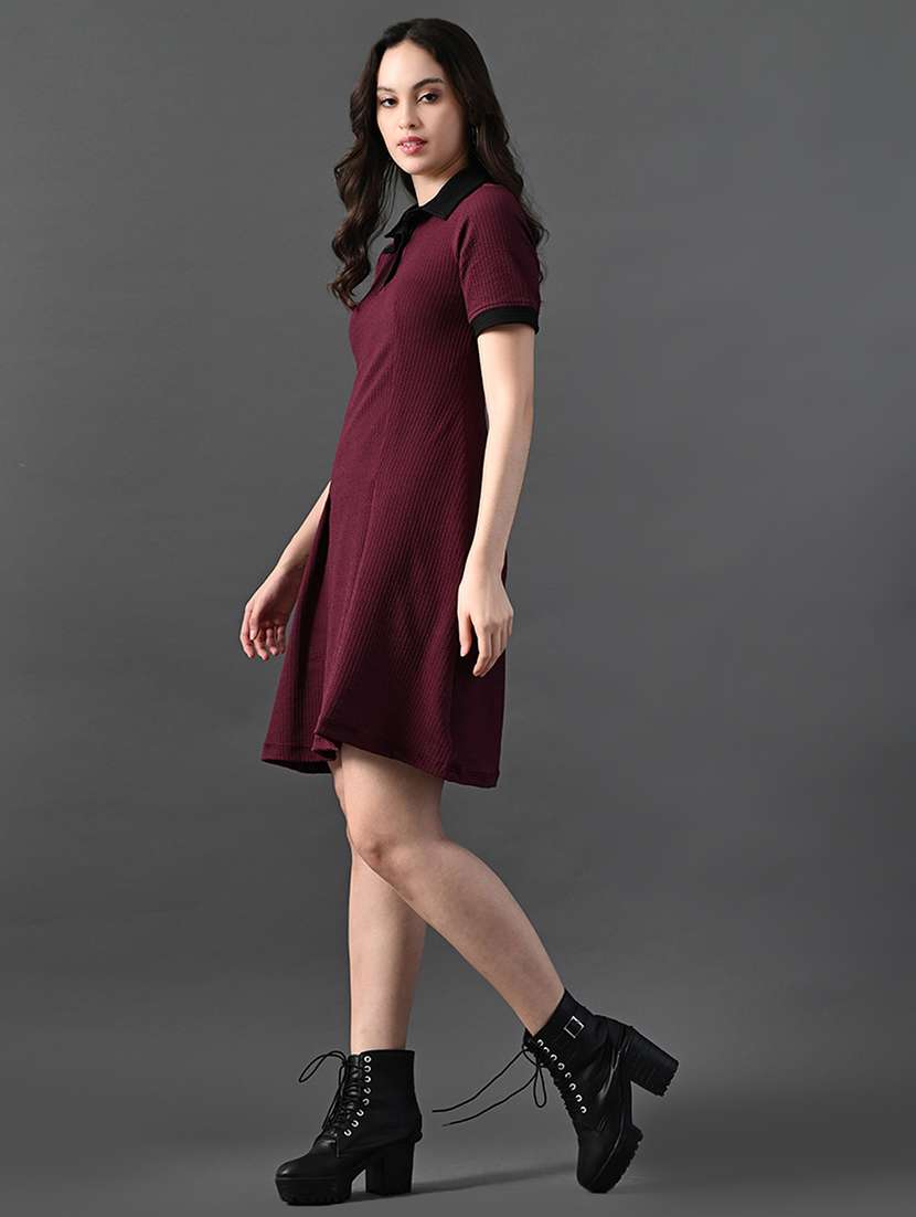 women solid short sleeves collared a-line dress - 21899159 - Standard Image - 2
