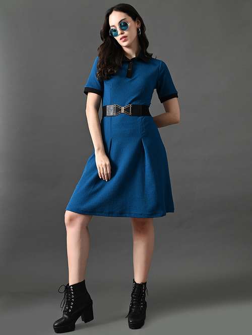 women solid short sleeves collared a-line dress - 21899161 - Standard Image - 0